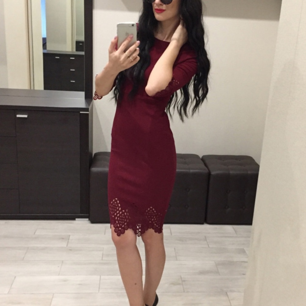 1 Left! Burgundy Bodycon Dress W/ Laser Cut - Picture 7 of 8